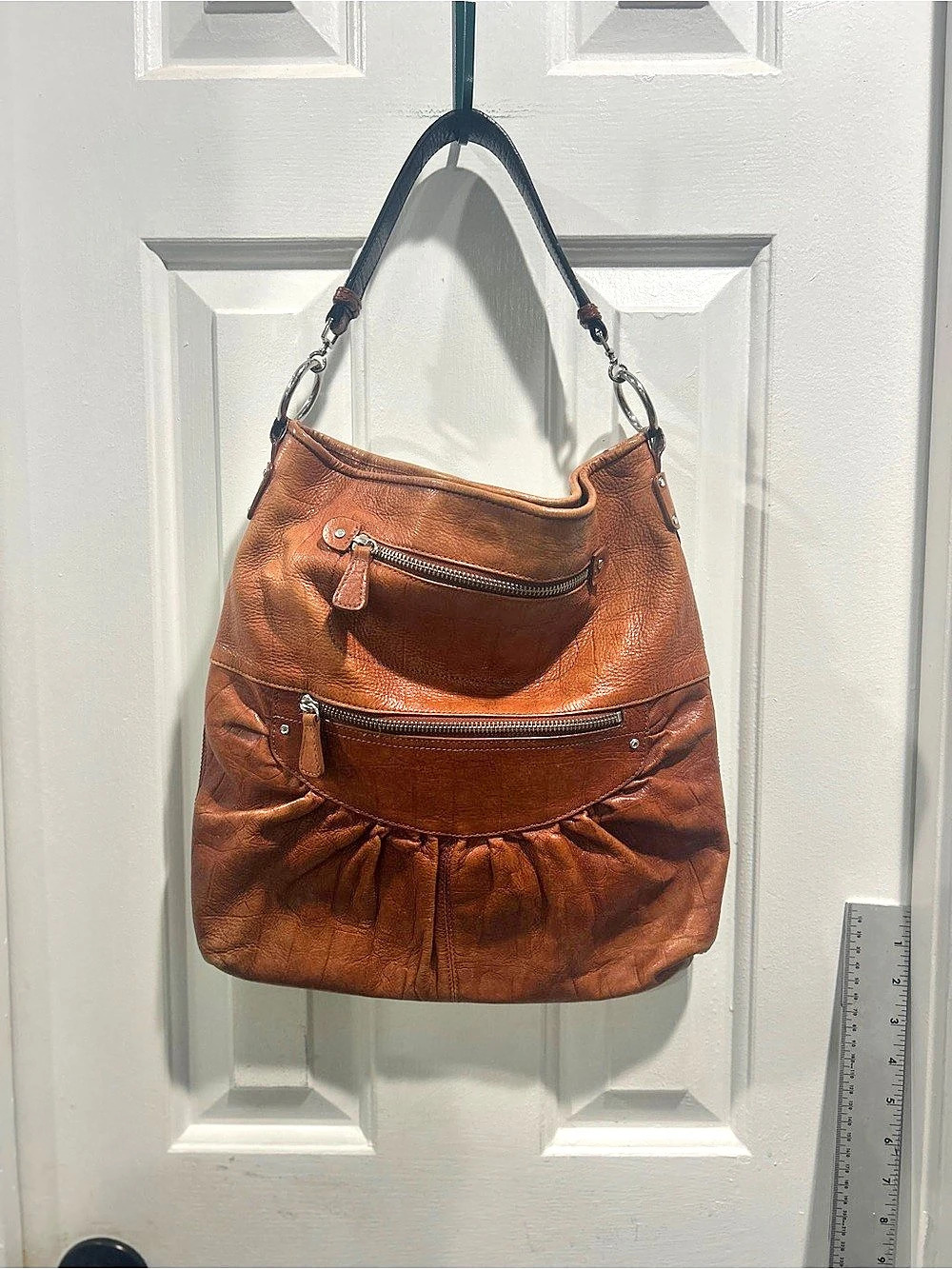 Leather Hobo Ruched Design Shoulder Bag in Cognac Brown